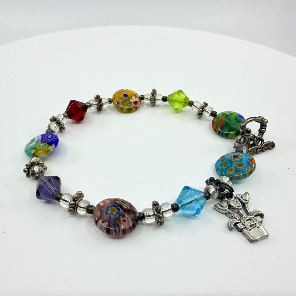 Vintage Murano Millefiori Glass Beaded Toggle Charm Bracelet‎ Rainbow Flower